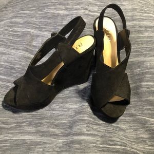 A.N.A black suede sling back wedge heel